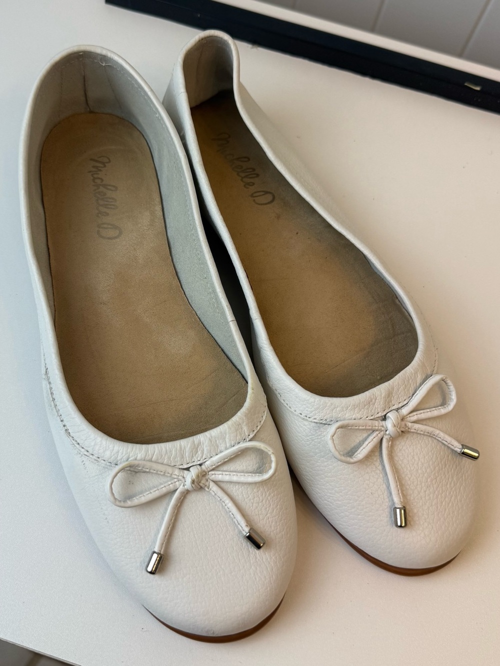 Michelle D White Leather Bow Ballet Flats